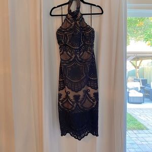 Lulus Celebrate Life Navy Blue Lace Halter Midi Dress. Size small
